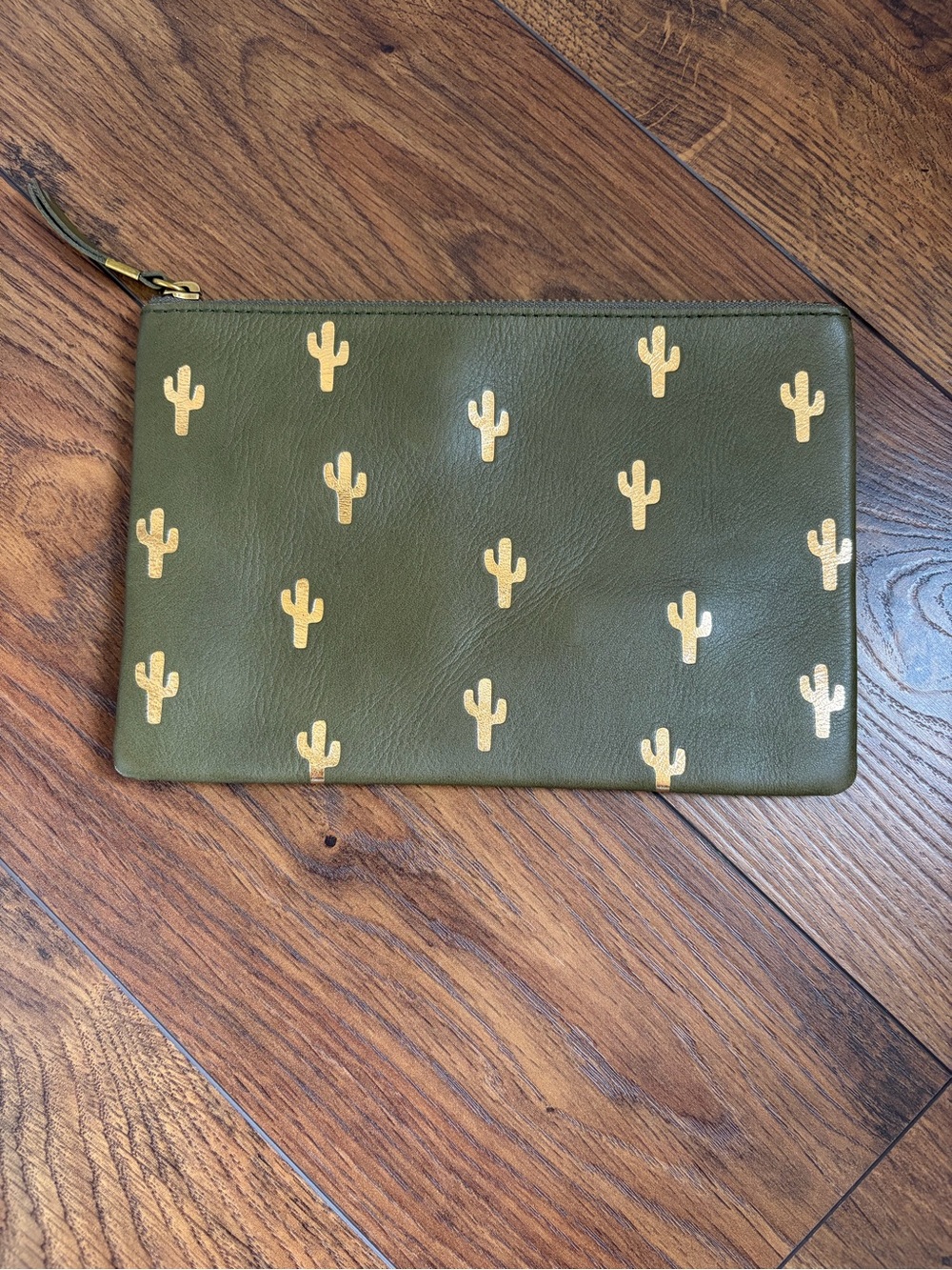 Madewell Olive Green Leather Zip Wristlet with Gold Cactus Motif